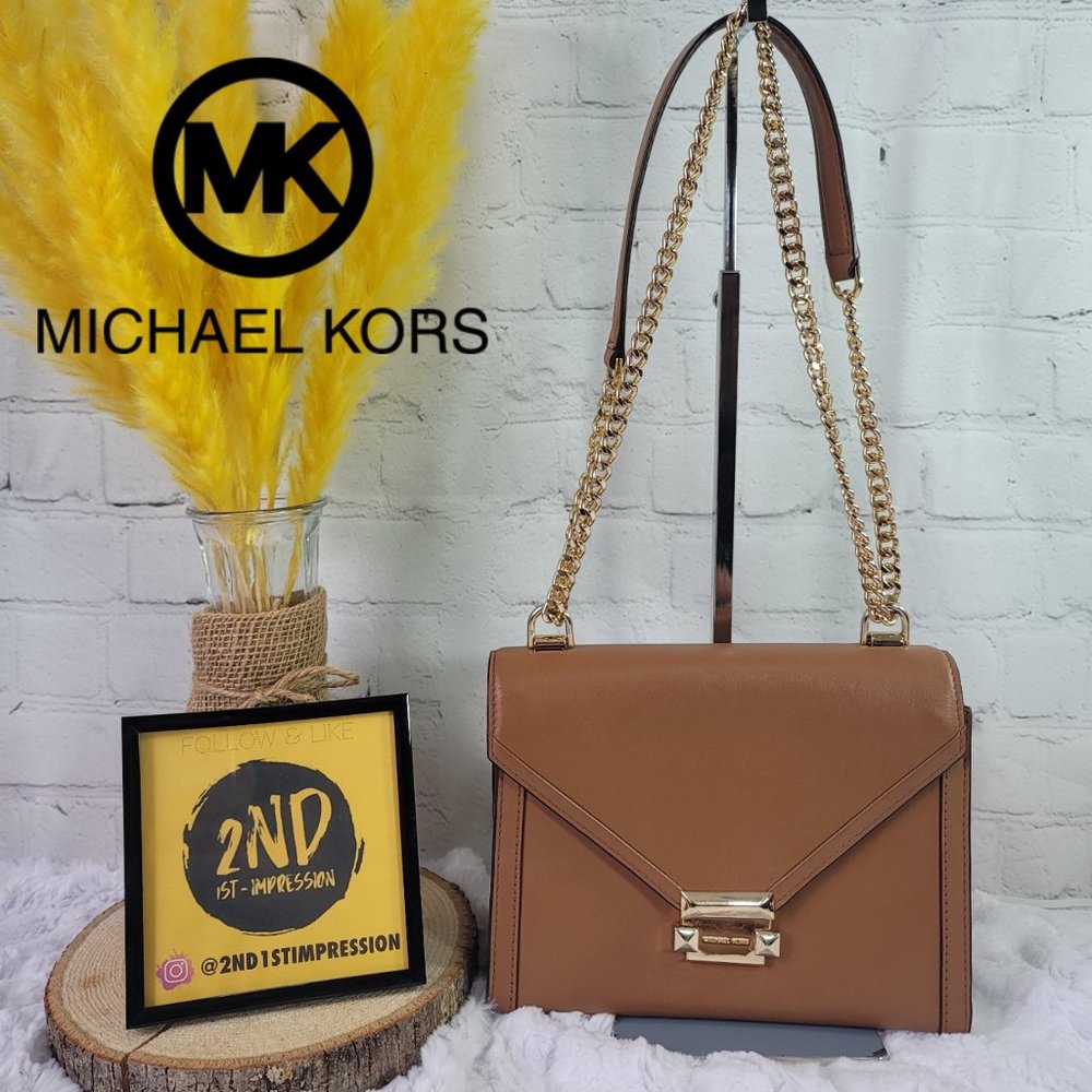 Michael Kors Whitney Large Leather Convertible Chain Shoulder Brown Leather Bag